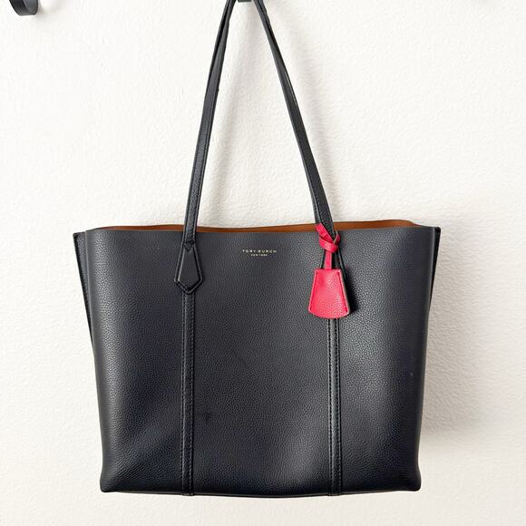 TORY BURCH | Perry 3 Compartment Tote Black Tan Interior Red Logo Charm Gold - Picture 2 of 15